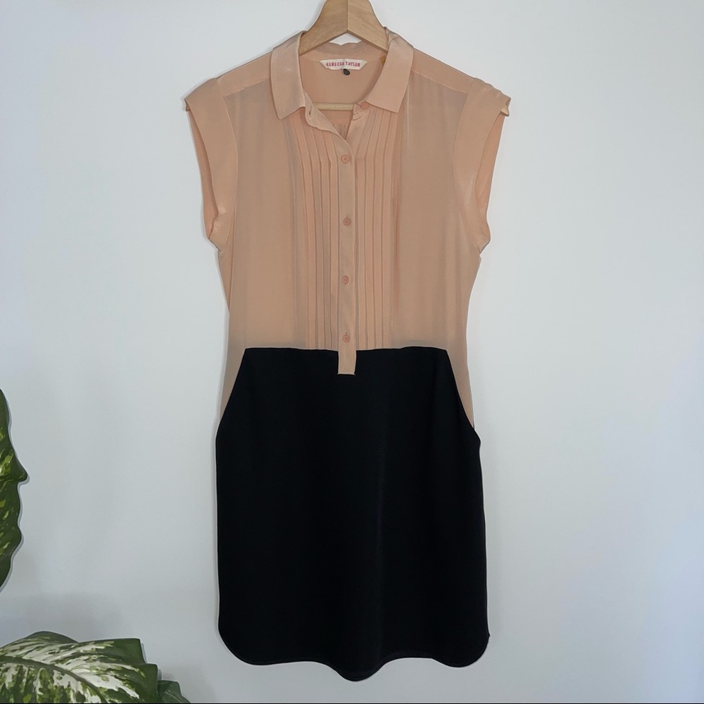 Rebecca Taylor 100% Silk Colorblock Shirtdress 4 Blush/Black